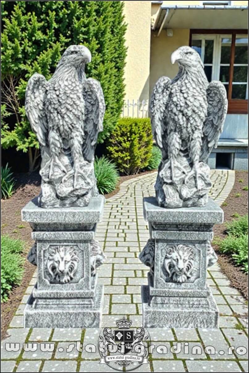 Set 2 statuete vulturi cu socluri, gri antichizat. (1)