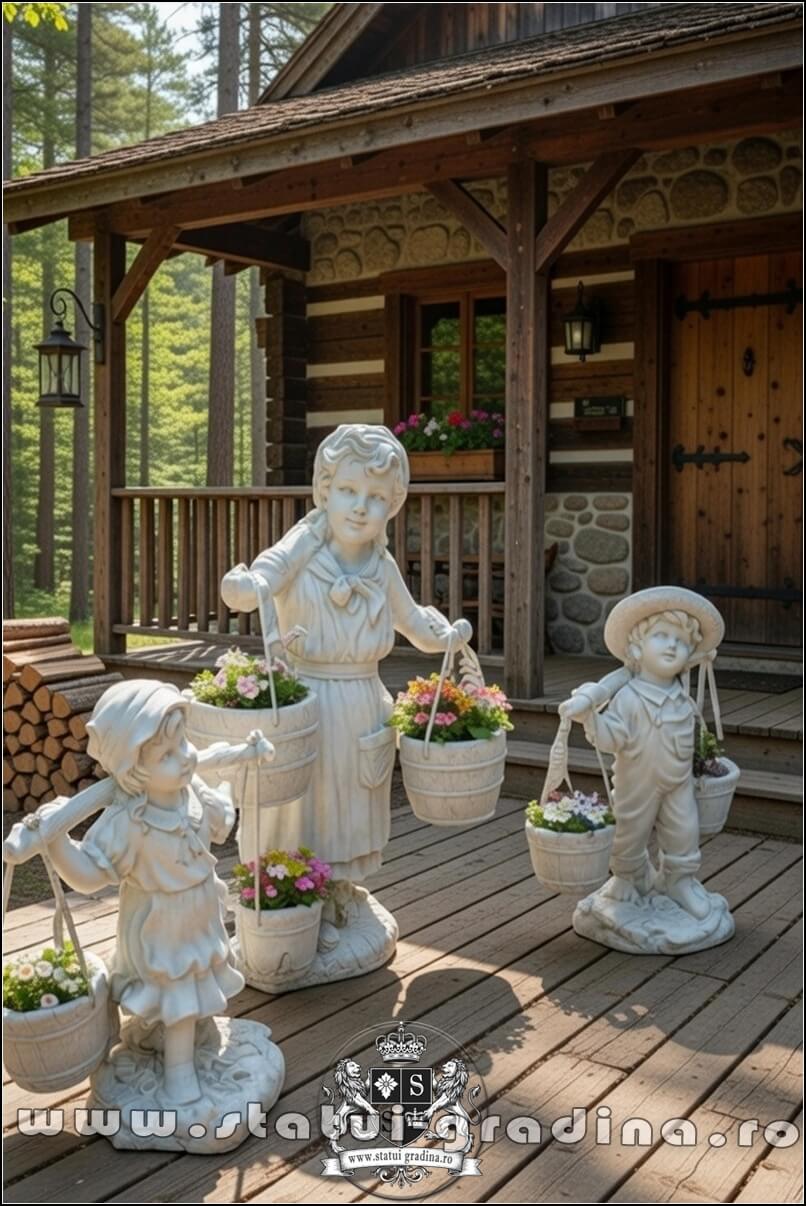 Set 3 statuete, mama și copii cu găletușe, alb marmorat, model S65.(3)