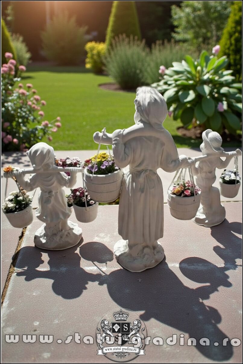 Set 3 statuete, mama și copii cu găletușe, alb marmorat, model S65.(4)