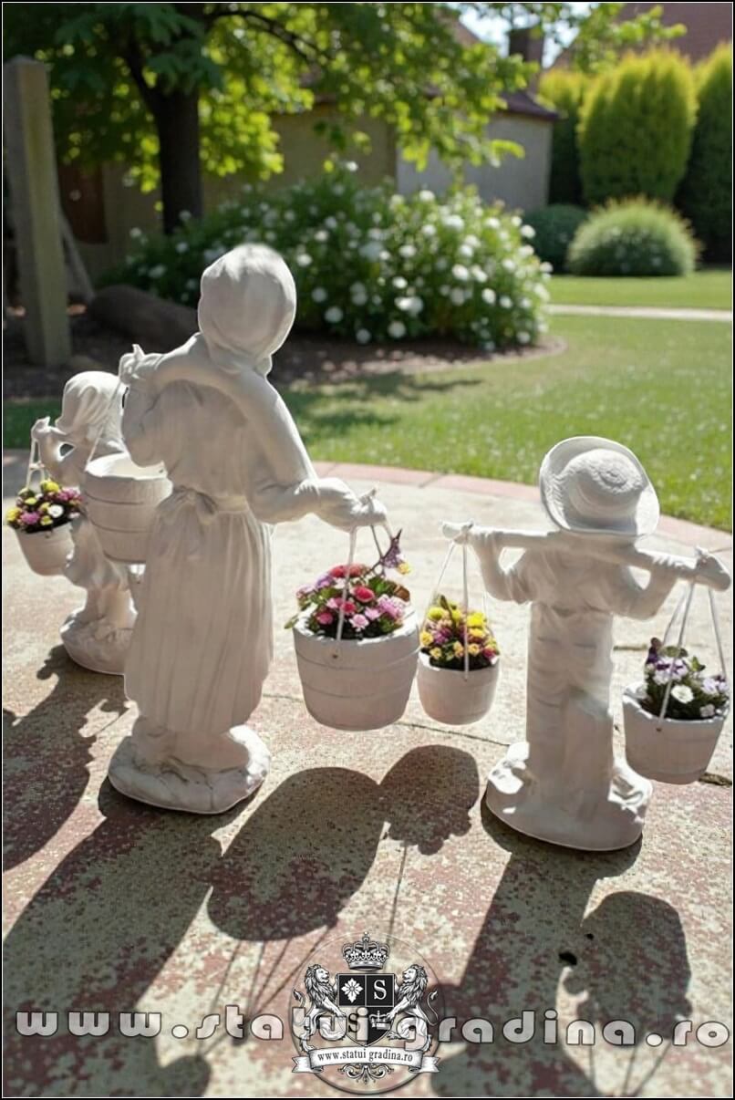 Set 3 statuete, mama și copii cu găletușe, alb marmorat, model S65.(5)