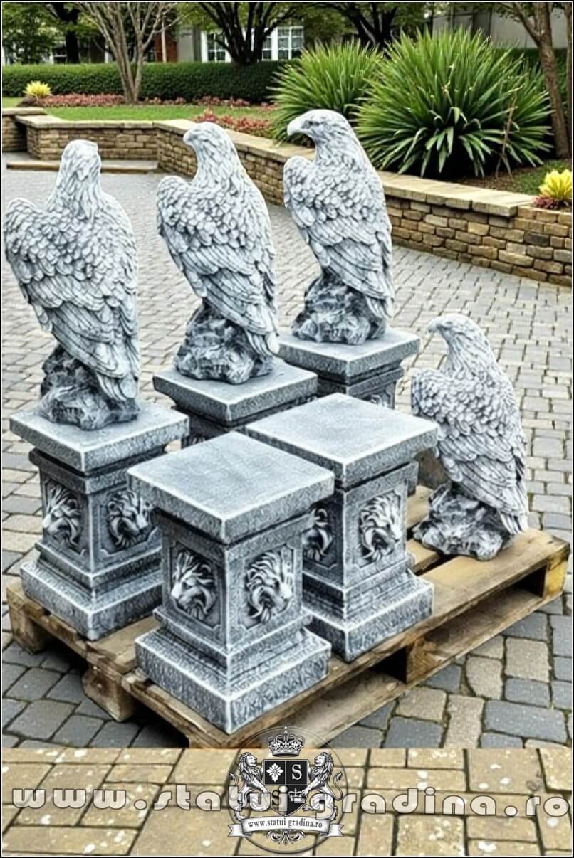 Set 3 statuete vulturi cu socluri, gri antichizat. (5)