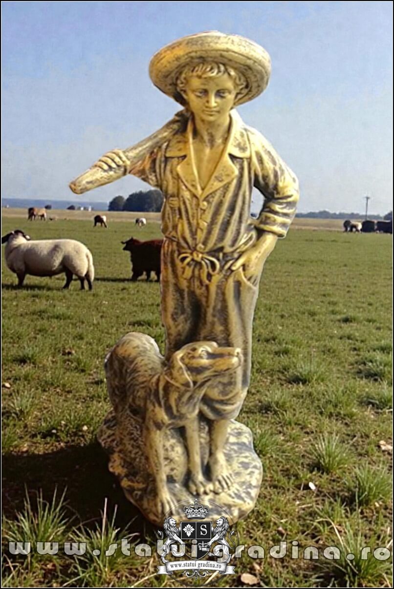 Statuetă ciobănaș cu cățel, auriu patinat, model S73. (1)