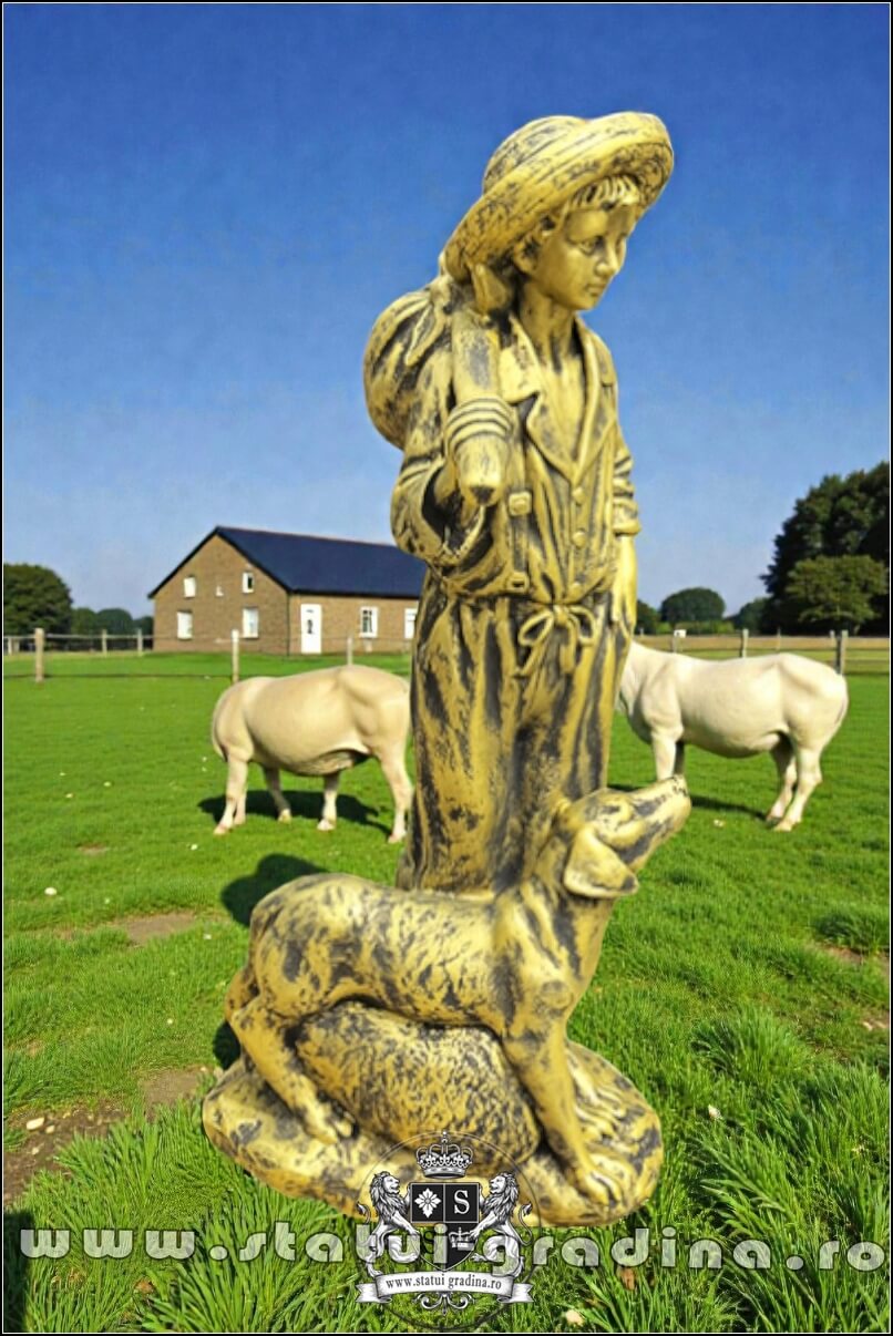 Statuetă ciobănaș cu cățel, auriu patinat, model S73. (2)