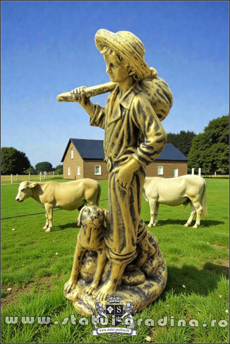 Statuetă ciobănaș cu cățel, auriu patinat, model S73. (3)