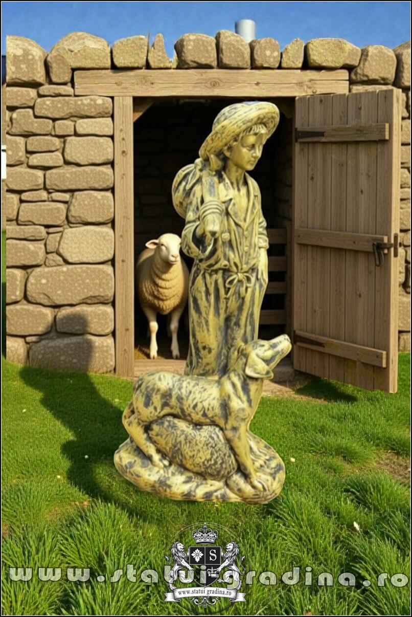 Statuetă ciobănaș cu cățel, auriu patinat, model S73. (5)