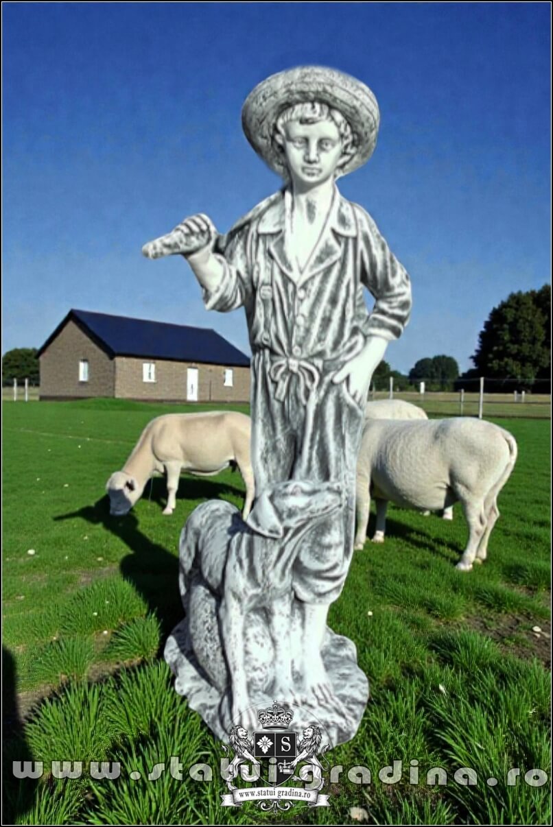 Statuetă ciobănaș cu cățel, gri patinat, model S73. (1)