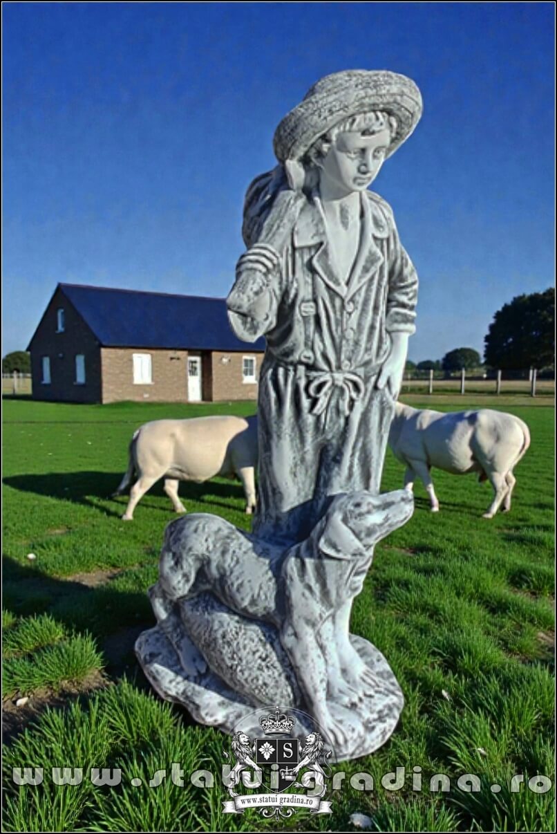 Statuetă ciobănaș cu cățel, gri patinat, model S73. (2)