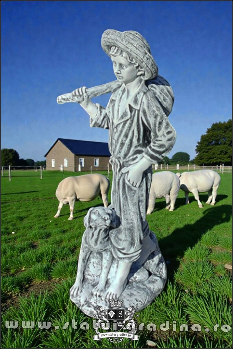 Statuetă ciobănaș cu cățel, gri patinat, model S73. (3)