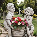 Statuetă copii cu coșuleț, gri antichizat, model S112.