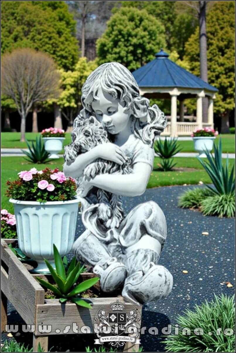 Statuetă fetița cu cățeluș, gri patinat, model S88. (1)