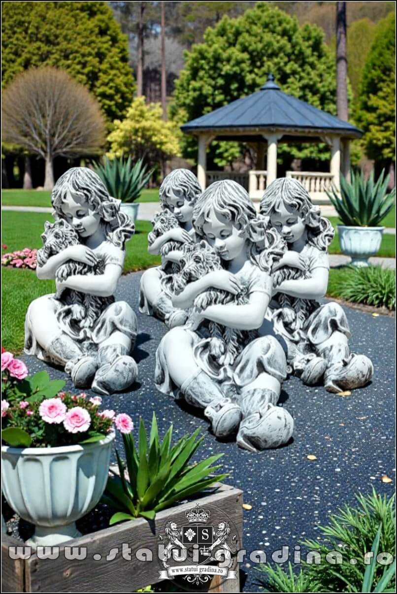 Statuetă fetița cu cățeluș, gri patinat, model S88. (2)