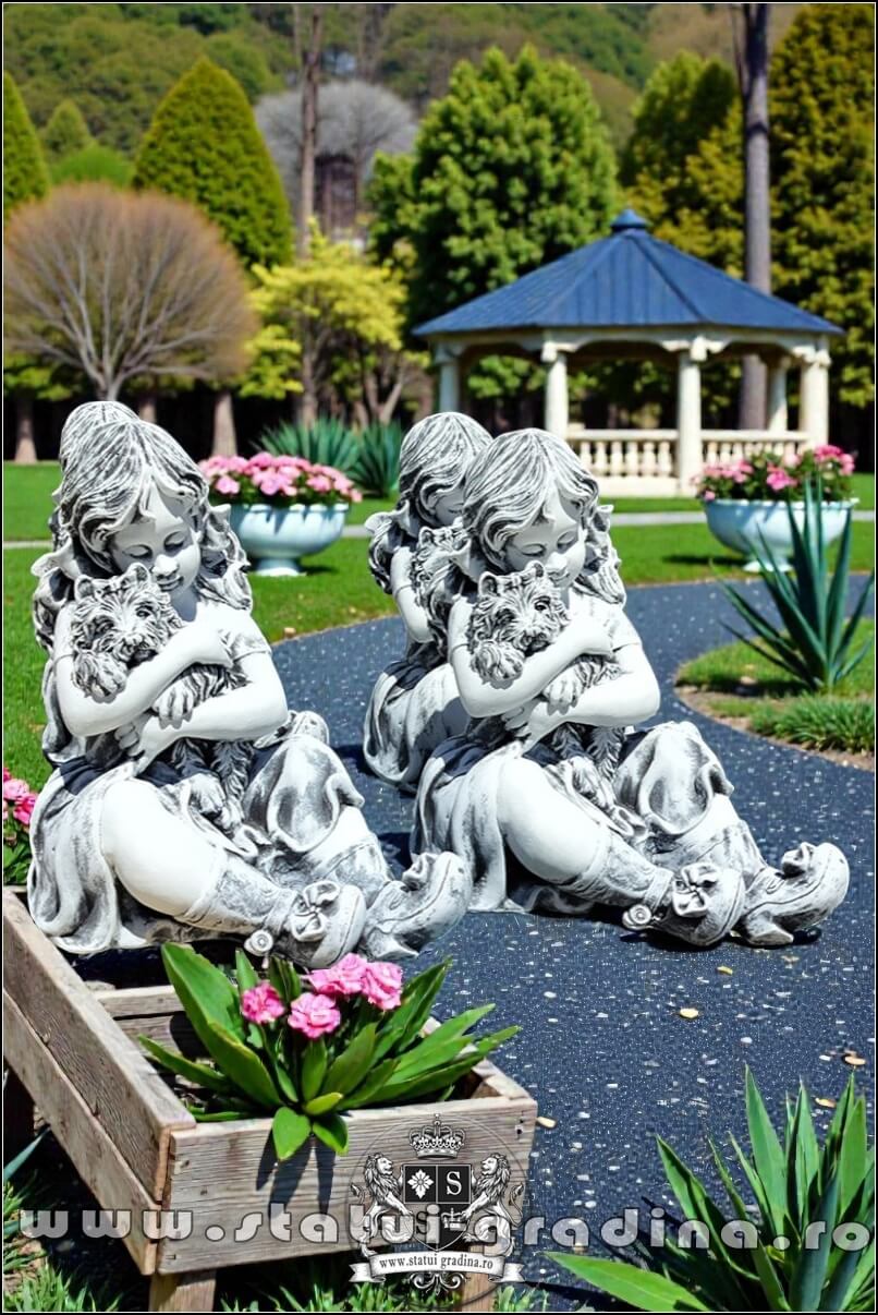 Statuetă fetița cu cățeluș, gri patinat, model S88. (3)