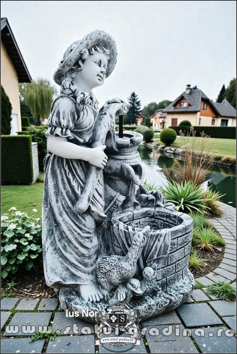 Statuetă țărăncuța la pompă, gri patinat, model S105. (2)