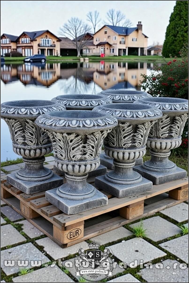 Vază ornament stejar cu picior, gri patinat, model V3. (5)