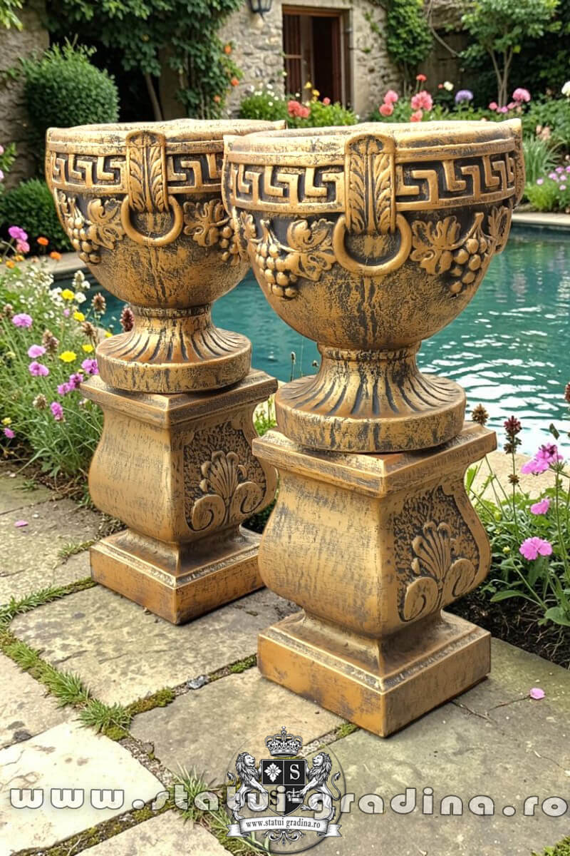Set socluri cu vaze, arămiu patinat, model S27-V8. (3)