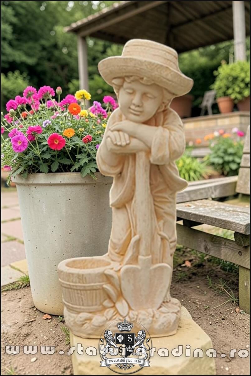 Statuetă băiat cu hârleț, galben patinat, model S60. (1)