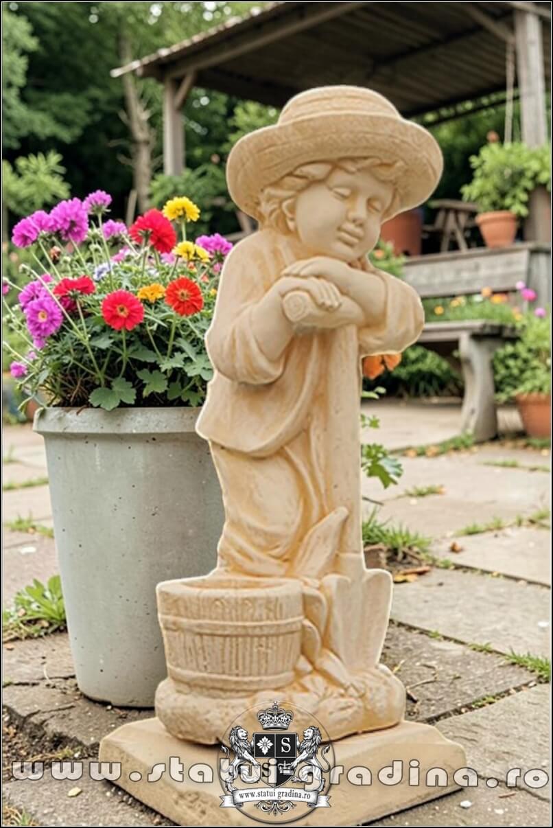 Statuetă băiat cu hârleț, galben patinat, model S60. (2)