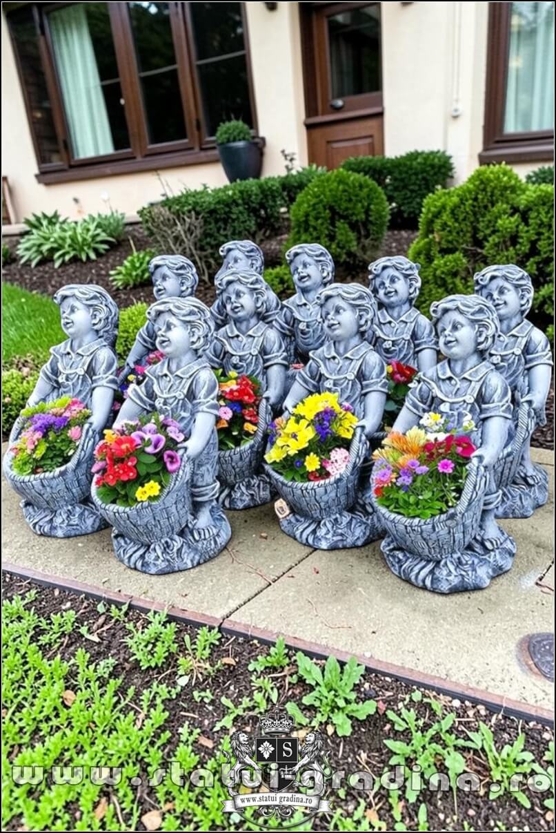Statuetă copil cu ghiveci, gri patinat, model S36. (5)