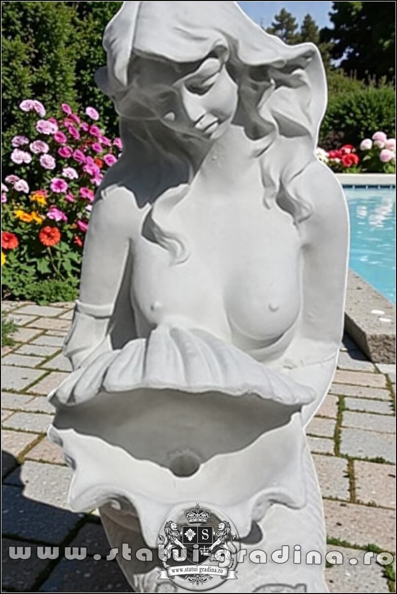 Statuetă sirenă cu scoică, alb marmorat, model S49. (1)
