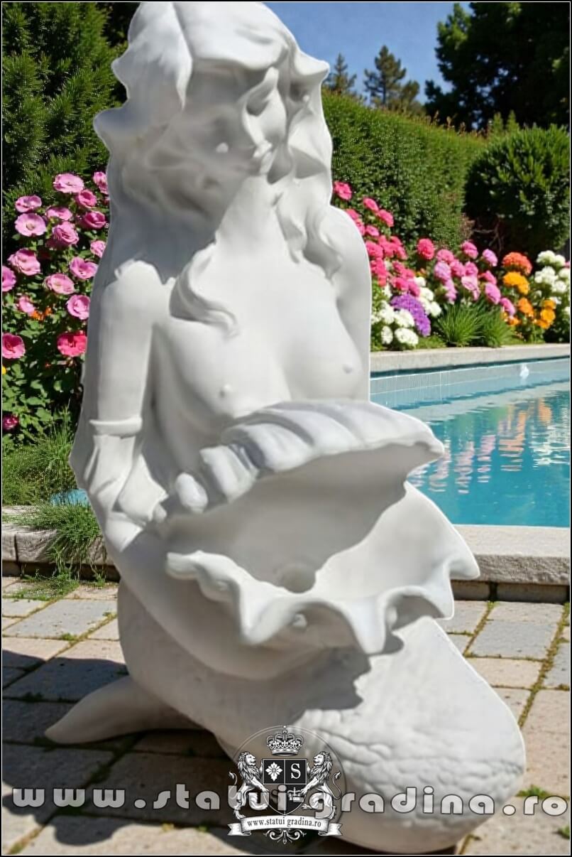 Statuetă sirenă cu scoică, alb marmorat, model S49. (2)