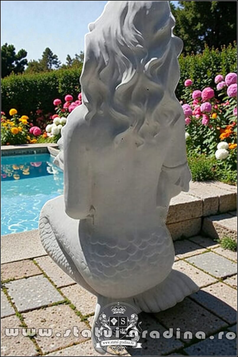 Statuetă sirenă cu scoică, alb marmorat, model S49. (4)