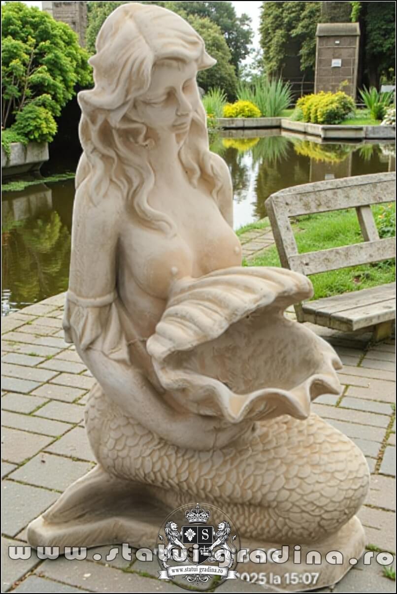 Statuetă sirenă cu scoică, galben marmorat, model S49. (2)