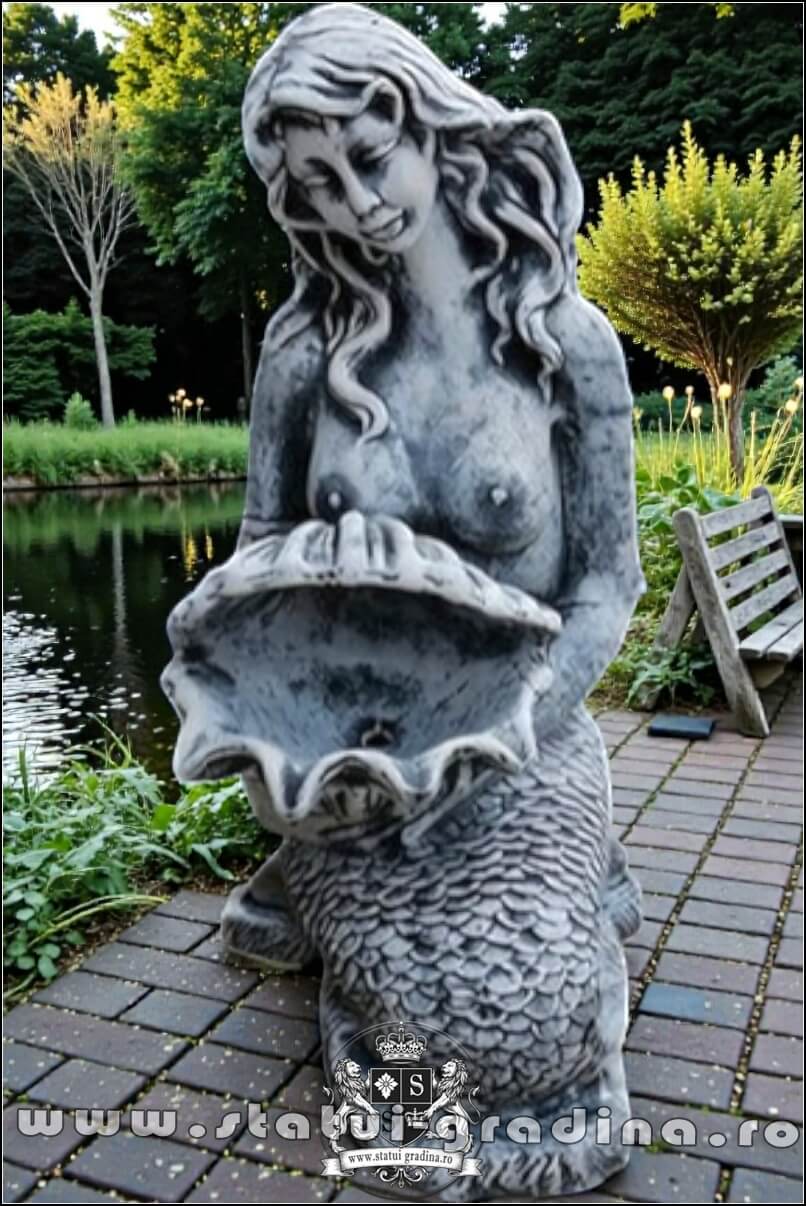 Statuetă sirenă cu scoică, gri marmorat, model S49. (1)