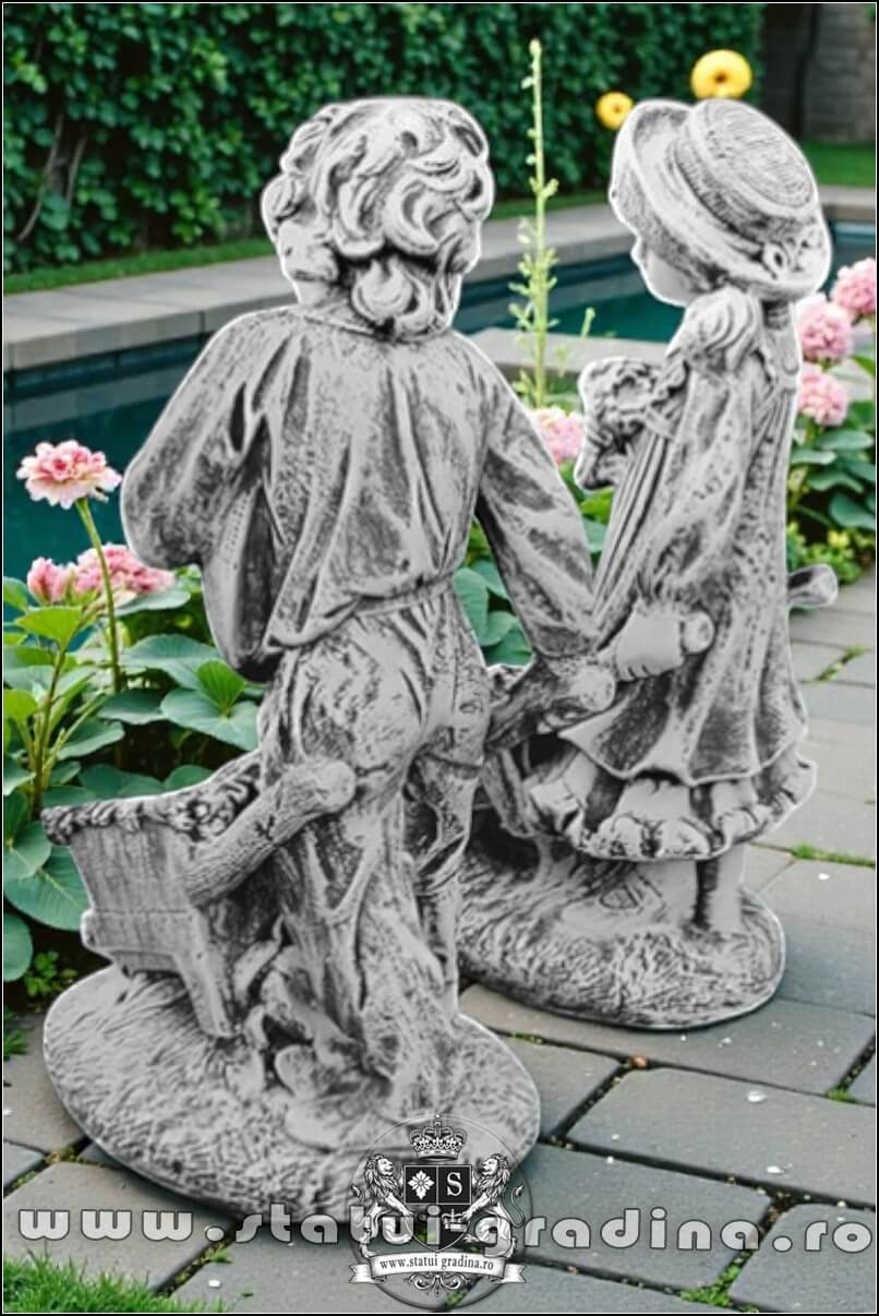 Set statuete grădinari cu roabe, gri patinat, model J6, J7. (4)