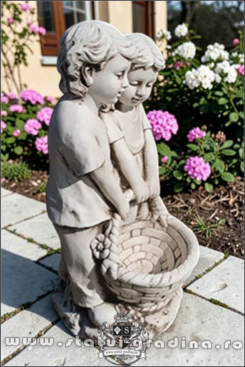 Statuetă copii cu coșuleț, gri patinat, model j5. (2)