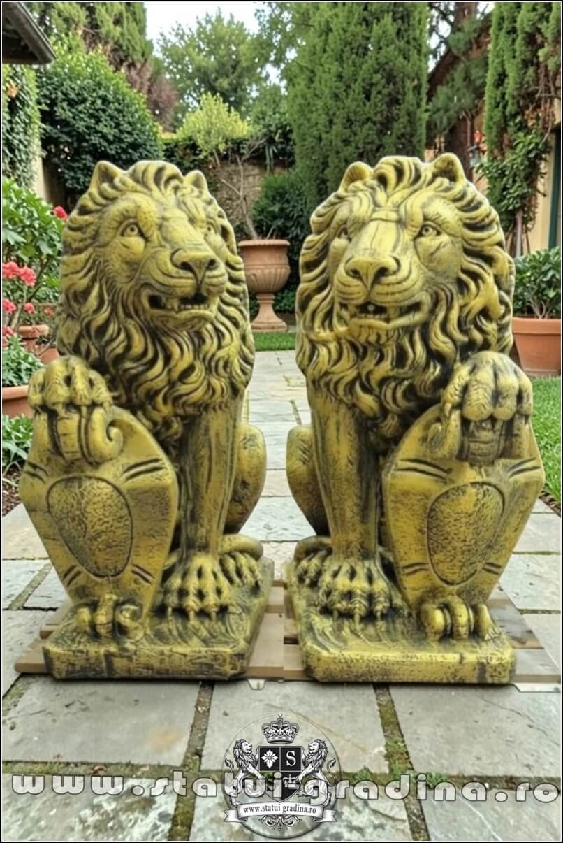 Statuetă leu mare cu blazon, auriu patinat, model S1. (1)