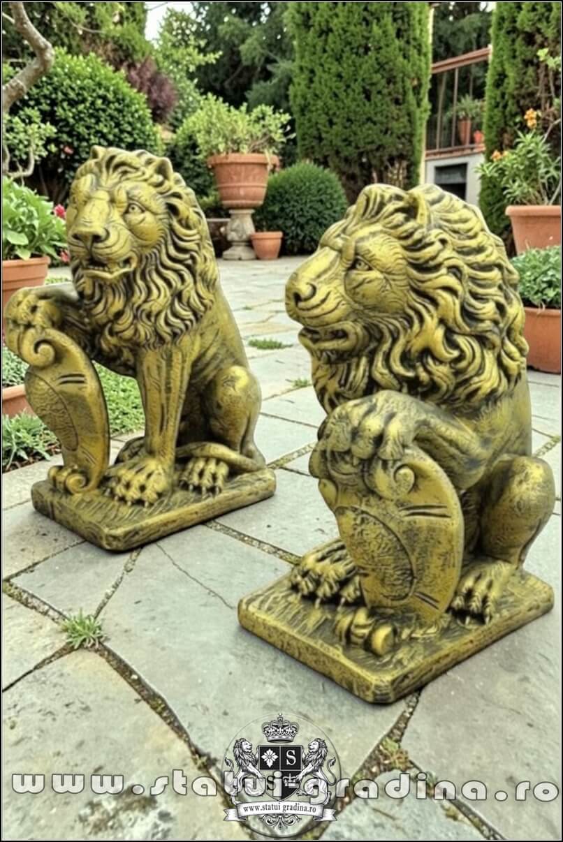Statuetă leu mare cu blazon, auriu patinat, model S1. (3)