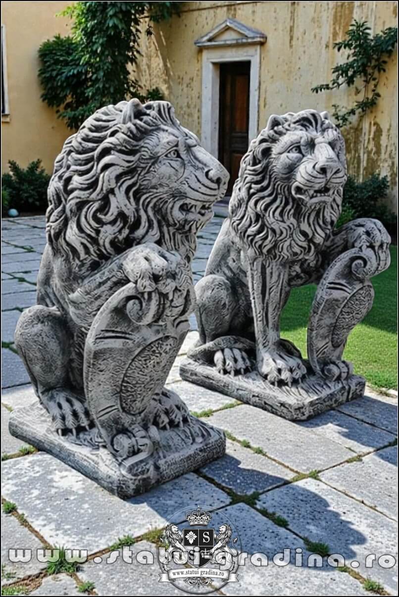 Statuetă leu mare cu blazon, gri patinat, model S1. (2)