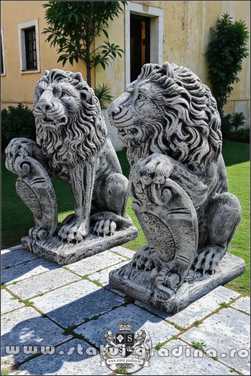 Statuetă leu mare cu blazon, gri patinat, model S1. (3)