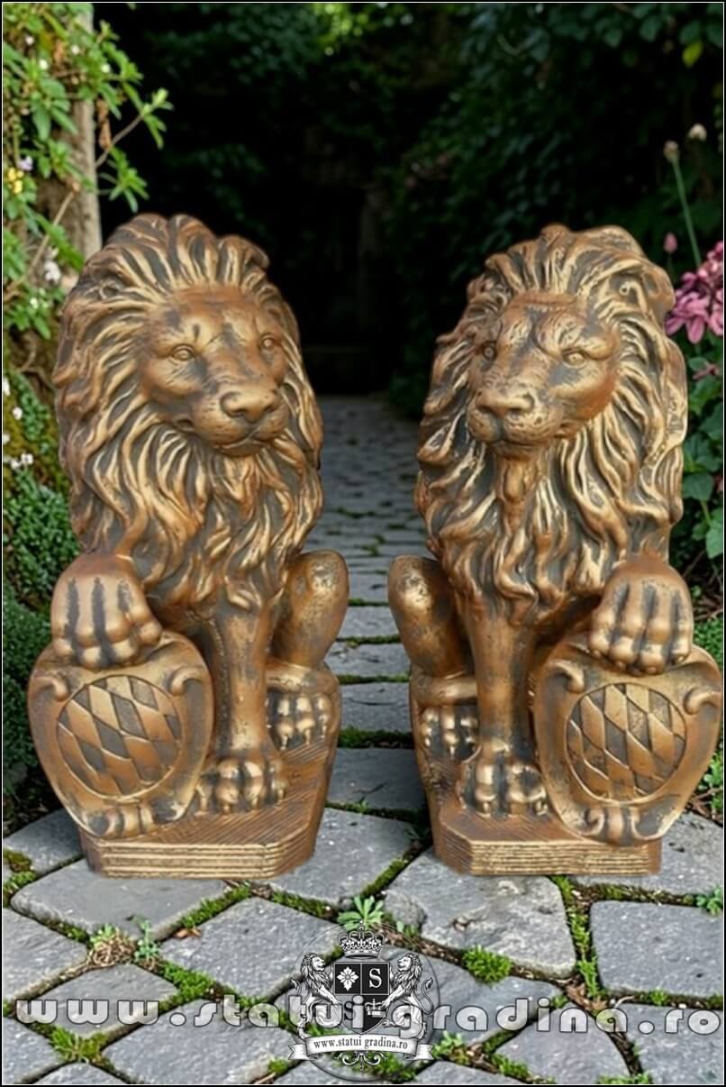 Statuetă leu mic cu blazon, arămiu patinat, model S2. (1)