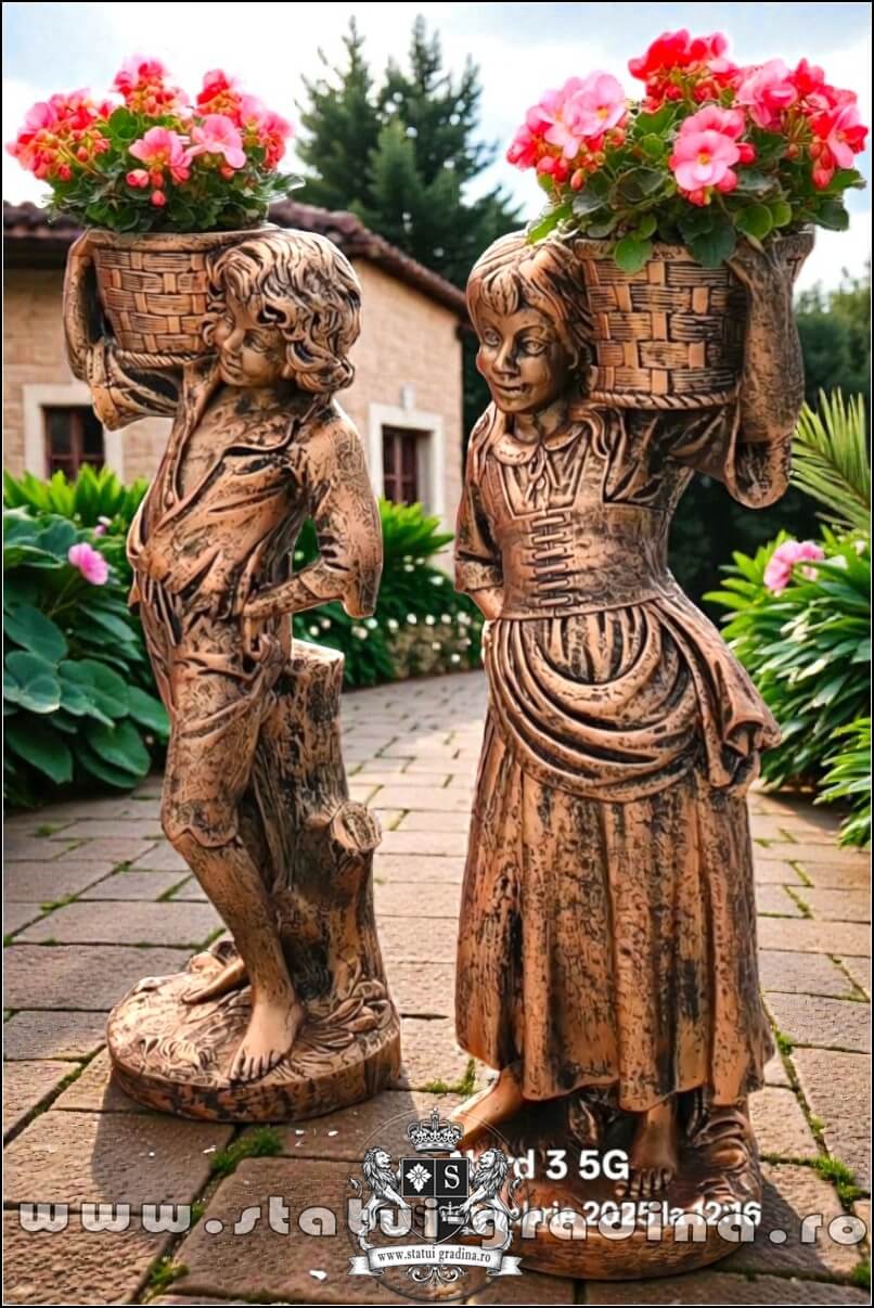 Statuete copii cu coșulețe, arămiu antichizat, model J3,J4. (3)