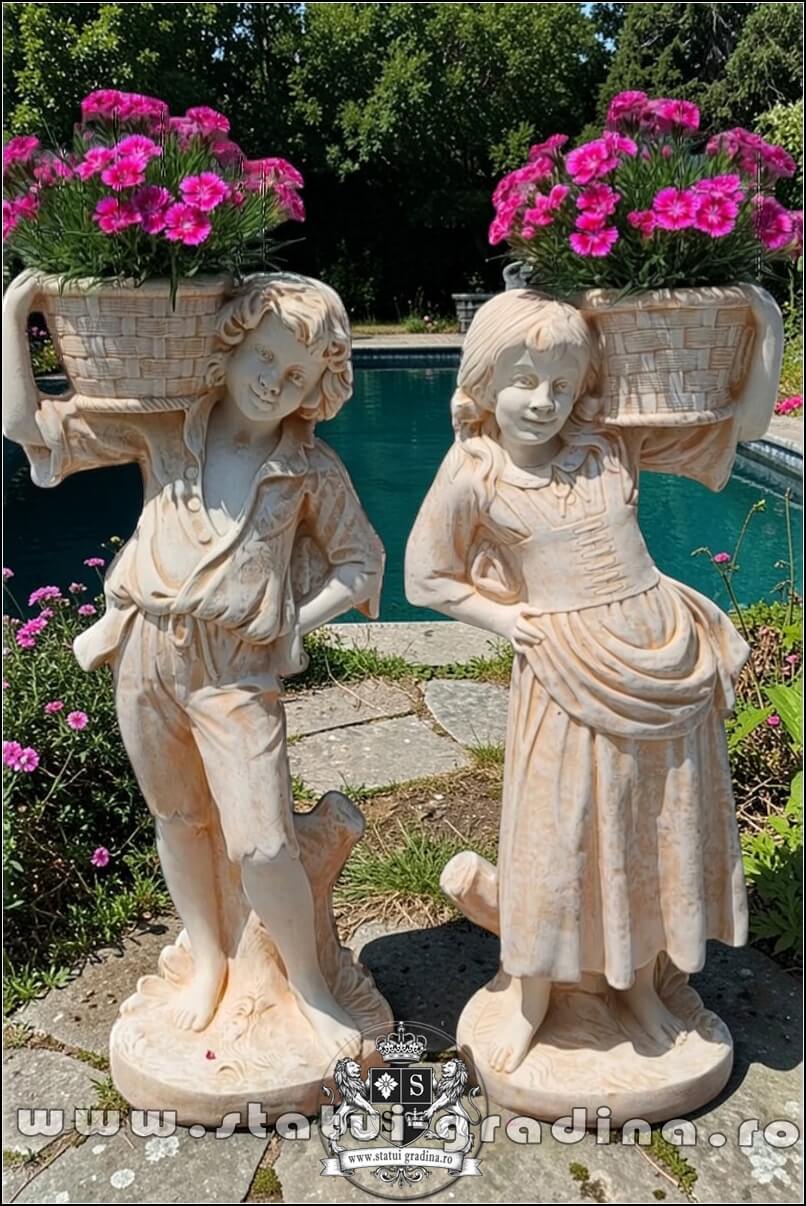 Statuete copii cu coșulețe, galben antichizat, model J3,J4. (1)