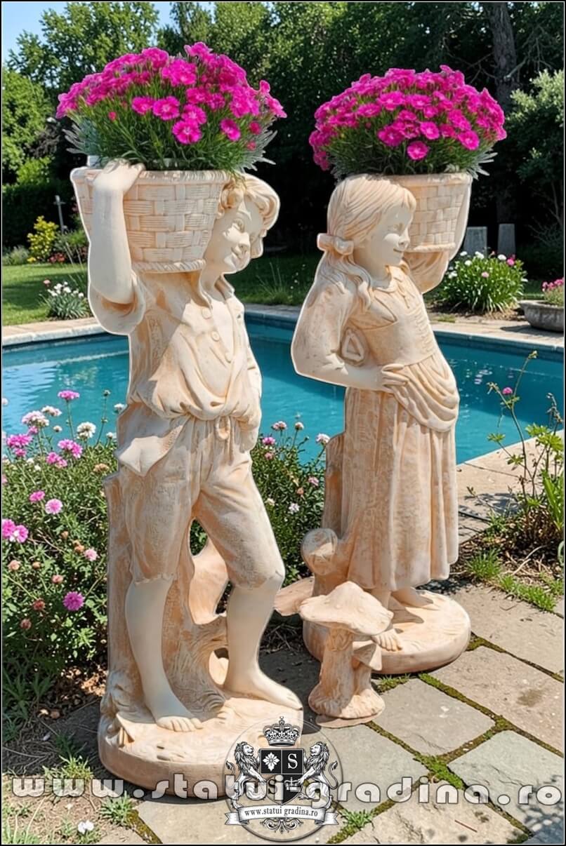 Statuete copii cu coșulețe, galben antichizat, model J3,J4. (2)