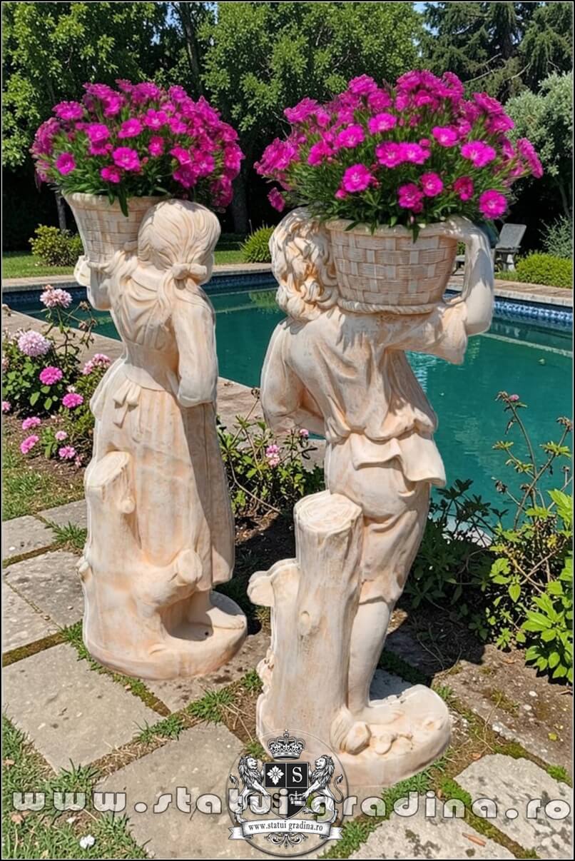 Statuete copii cu coșulețe, galben antichizat, model J3,J4. (4)