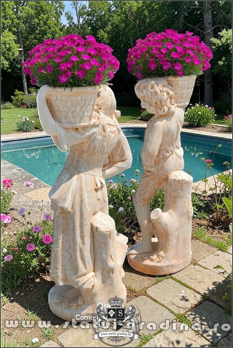 Statuete copii cu coșulețe, galben antichizat, model J3,J4. (5)