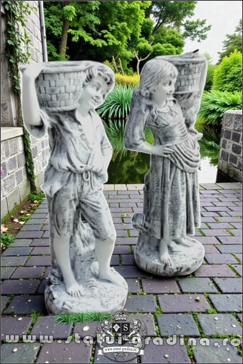 Statuete copii cu coșulețe, gri antichizat, model J3,J4. (3)